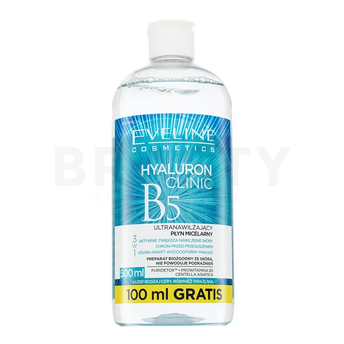 Eveline Hyaluron Clinic B5 Micellar Water micelláris sminklemosó hidratáló hatású 500 ml