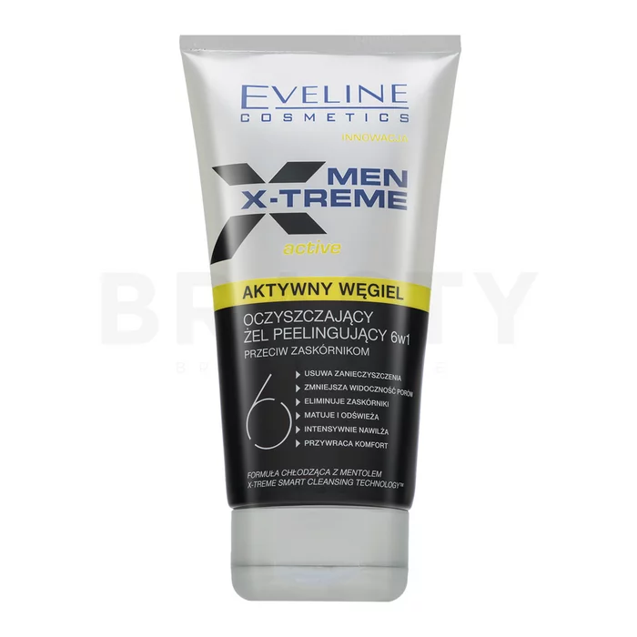 Eveline Men X-treme Cleansing Gel Scrub Peeling with Active Charcoal multifunkcionális tisztító gél és hámlasztó problémás arcbőrre 150 ml