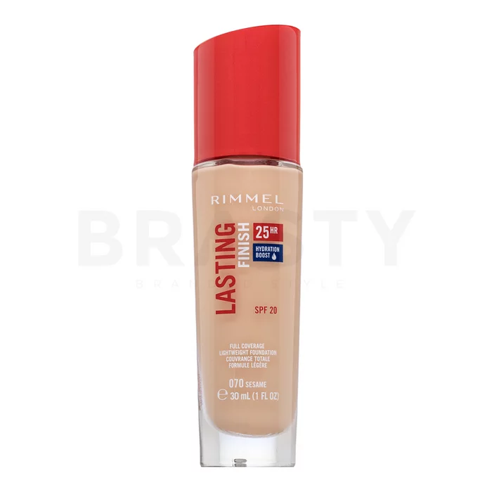 Rimmel London Lasting Finish 25HR SPF20 Full Coverage Lightweight Foundation Flüssiges Make Up für eine einheitliche und aufgehellte Gesichtshaut 070 30 ml
