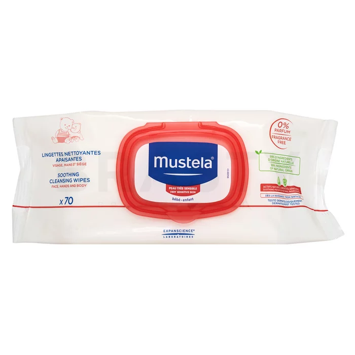 Mustela pomirjujoči robčki za obraz za občutljivo in suho kožo Soothing Cleansing Wipes 70 pcs
