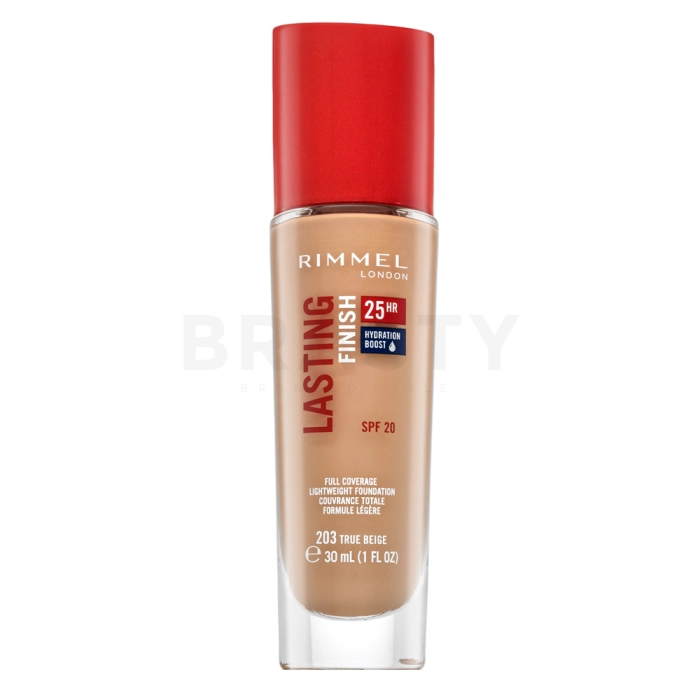 Rimmel London Lasting Finish 25HR SPF20 Full Coverage Lightweight Foundation Flüssiges Make Up für eine einheitliche und aufgehellte Gesichtshaut 203 30 ml