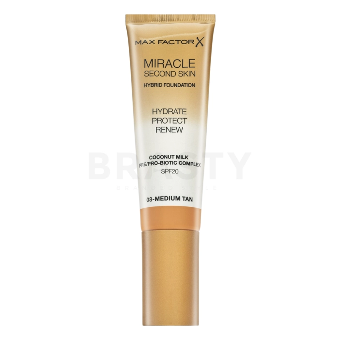 Max Factor Miracle Second Skin Hybrid Foundation SPF20 dlhotrvajúci make-up s hydratačným účinkom 08 Medium Tan 30 ml