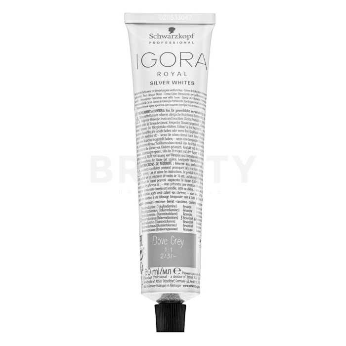 Schwarzkopf Professional Igora Royal SilverWhite Permanent White Refining Color Creme professionele permanente haarkleuring voor platinablond en grijs haar Dove Grey 60 ml